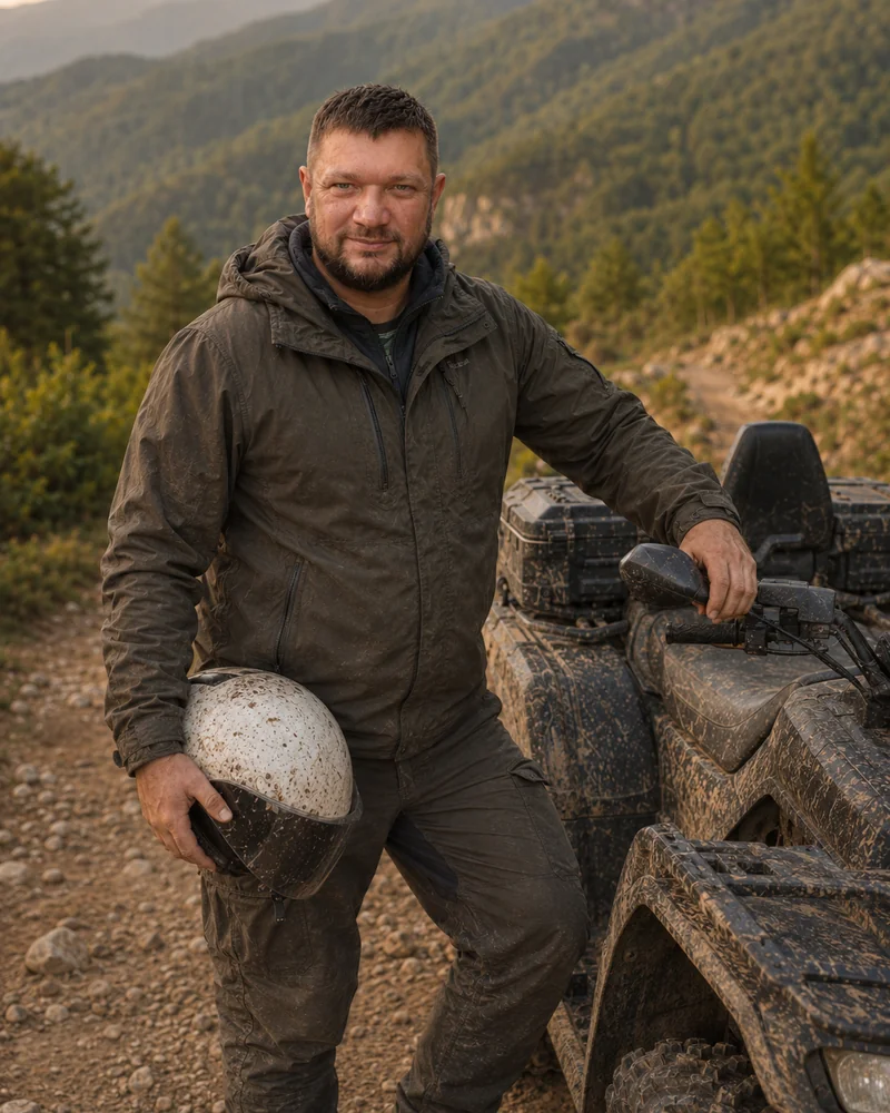 Анзаур — инструктор KvadroTrip, со шлемом у квадроцикла на горной тропе Адыгеи